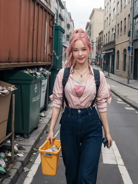 girl cleaning up street, break, 1girl, waste collector uniform, garbage truck, dumpster, pile of garbage, street, cleavage, smil...