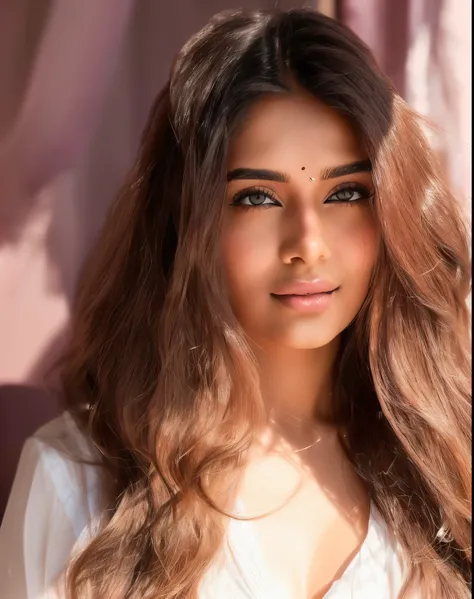 indian woman with long hair and a white shirt posing for a picture, tanned ameera al taweel, kyza saleem, with cute - fine - face, large eyes and flowing long hair, photoshoot for skincare brand, innocent look, pale-skinned persian girl, actress, inspired ...