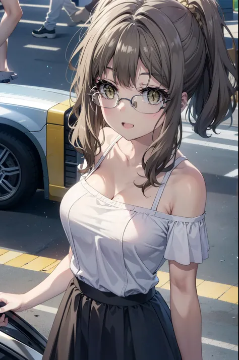 riofutaba, rio futaba, Long Hair, Brown Hair, (Brown eyes:1.5), Big Breasts,Glasses,happy smile, smile, Open your mouth,Off-the-shoulder dress,bare clavicle,Bare shoulders,Bare neck,Long skirt,Cute heeled sandals,Real Summer,Daytime,sunny,whole bodyがイラストに入...