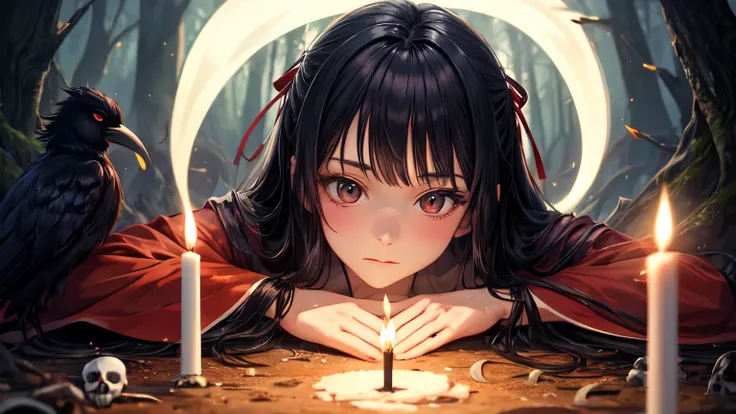 ((best quality)), ((masterpiece)), (detailed), perfect face, female ghost, red kimono, black ribbon, long hair, holding candle, night, forest, half moon, skull on the ground, raven