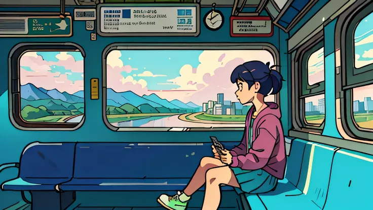 Someone is sitting on a train bench and looking out a window at the landscape passing by, Elogio Artstyle, Arte Lofi, lofi aesthetic, Lofi Sensation, Hip Hop Lofi,  , Retrato Lofi, lo fi, arte lo-fi, vibe, badass vibes , cores , lofi girl aesthetic