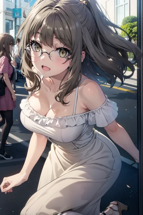 riofutaba, rio futaba, Long Hair, Brown Hair, (Brown eyes:1.5), Big Breasts,Glasses,happy smile, smile, Open your mouth,Off-the-shoulder dress,bare clavicle,Bare shoulders,Bare neck,Long skirt,Cute heeled sandals,Real Summer,Daytime,sunny,whole bodyがイラストに入...