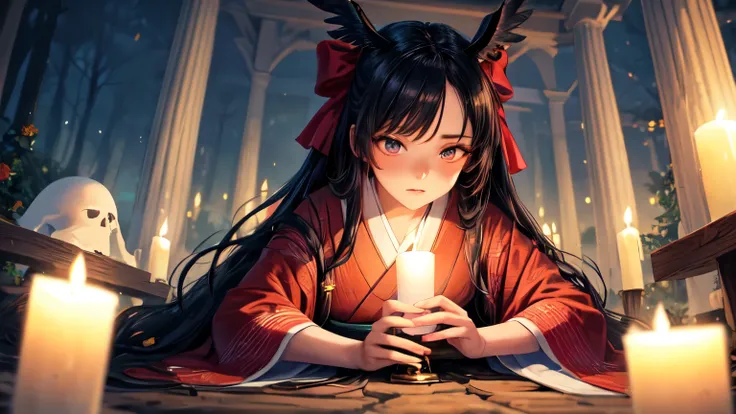 ((best quality)), ((masterpiece)), (detailed), perfect face, female ghost, red kimono, black ribbon, long hair, holding candle, night, forest, half moon, skull on the ground, raven