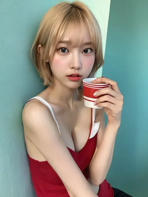 one person、Blonde、whole body photos、Red polo shirt、Cleavage、Green mini skirt、fun、Blonde、15 years old、whole body、slender、woman、White drool coming out of the mouth、Short hair, fair skin,Super cute、Soft and Face、Brown Hair、8k resolution、Surreal、Ultra high def...