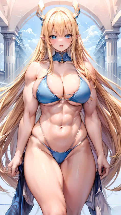 Very detailed、highest quality、Best image quality、masterpiece、8k、Anime Face、A kind smile、(Open your mouth:1.3)、Sparkling blue eyes、(Blonde semi-long hair:1.5)、(Muscles of the whole body:1.3)、(High leg:2.0)、Thigh belt、(High cut bikini:1.5)、(Upper body photo:...