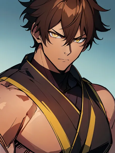 ((handsome men)), ((yellow eyes)), ((brown hair)), ((ninja)), ((dark skin)), ((serious expression)), ((shinobi clothing)), ((muscular build)), (((complementary colors))), ((mature male)), 1boy, beautifully drawn, high resolution illustration, best quality,...