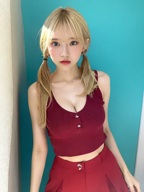 one person、Blonde、whole body photos、Red polo shirt、Cleavage、Green mini skirt、fun、Blonde、13 years old、whole body、slender、woman、White drool coming out of the mouth、Short hair, fair skin,Twin tails、Super cute、Soft and Face、Brown Hair、8k resolution、Surreal、Ult...