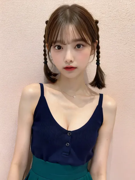 one person、whole body photos、Navy blue polo shirt、Cleavage、Green mini skirt、fun、14 years old、whole body、slender、woman、White drool coming out of the mouth、Short hair, fair skin,Twin tails、Super cute、Soft and Face、Brown Hair、8k resolution、Surreal、Ultra high ...