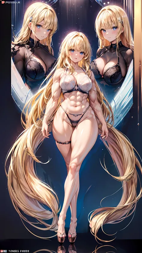 Very detailed、highest quality、Best image quality、masterpiece、8k、Anime Face、A kind smile、(Open your mouth:1.3)、Sparkling blue eyes、(Blonde semi-long hair:1.5)、(Muscles of the whole body:1.3)、(High leg panties:2.0)、Thigh belt、(Upper body photo:1.5)、(SFW Gian...