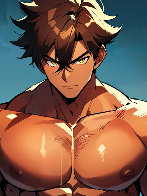 ((handsome men)), ((yellow eyes)), ((brown hair)), ((ninja)), ((dark skin)), ((serious expression)), ((shinobi clothing)), ((muscular male), ((shirtless)), ((topless)), ((body full of huge muscles)) (((complementary colors))), ((mature male)), 1boy, beauti...