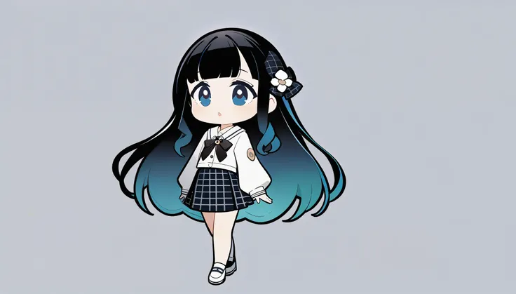 Chinese animation style，A girl，Q version，Full body image，Black flowing long hair，Black bangs，Wearing a JK skirt，big eyes，Round Face，Hair accessories，Pure white undertone，Lots of details，Ultra-high resolution，32k，Eyes are blue，Blue gradient hair ends，The sk...