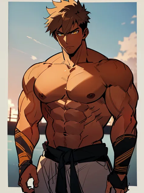 ((handsome men)), ((yellow eyes)), ((brown hair)), ((ninja)), ((dark skin)), ((serious expression)), ((shinobi clothing)), ((muscular male), ((shirtless)), ((topless)), ((body full of huge muscles)) (((complementary colors))), ((mature male)), 1boy, beauti...