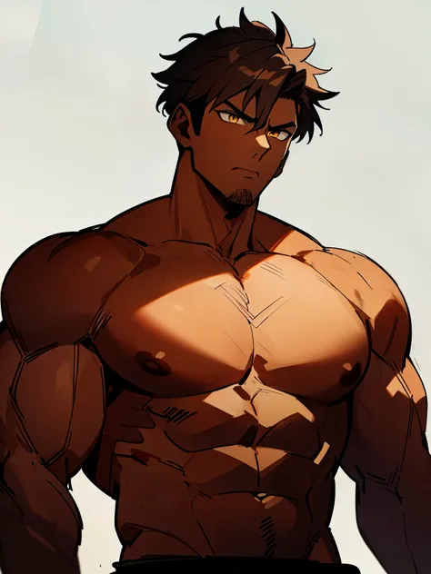 ((handsome men)), ((yellow eyes)), ((brown hair)), ((ninja)), ((dark skin)), ((serious expression)), ((shinobi clothing)), ((muscular male), ((shirtless)), ((topless)), ((body full of huge muscles)) (((complementary colors))), ((mature male)), 1boy, beauti...