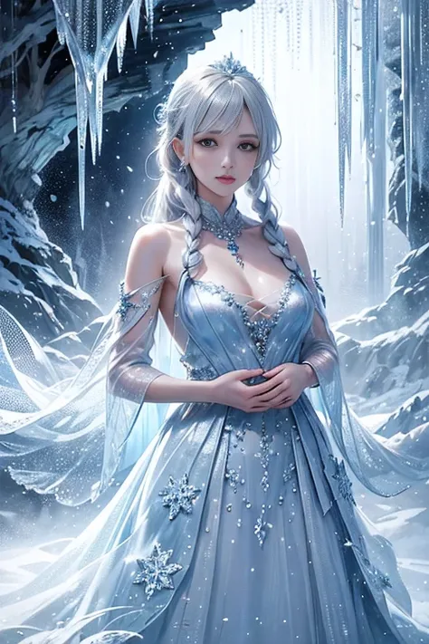 wood, Detailed mini ice spikes and crystals, Frozen waterfall as background, Light reflected on ice crystals, Flowing snowflakes.Beautiful woman、cutegirl,Realistic people
