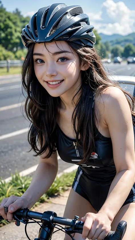 highest quality, masterpiece, Ultra-high resolution, (Realistic:1.4),Cloudy weather, (Close-up portrait) RAW Photos, 1 girl,20-year-old,((Yokohama Triathlon)),((Road bike section)),((Speed)),((Riding hard on a road bike)),((Triathlon Championships)),Bun Ha...