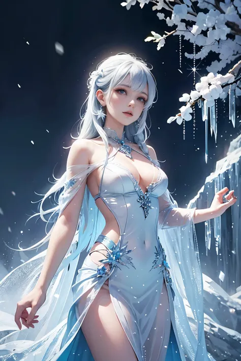 wood, Detailed mini ice spikes and crystals, Frozen waterfall as background, Light reflected on ice crystals, Flowing snowflakes.Beautiful woman、cutegirl,Realistic people
