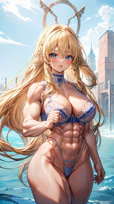 Very detailed、highest quality、Best image quality、masterpiece、8k、Anime Face、A kind smile、(Open your mouth:1.3)、Sparkling blue eyes、(Blonde semi-long hair:1.5)、(Muscles of the whole body:1.3)、(highleg:2.0)、Thigh belt、(Upper body photo:1.5)、(SFW Giant)、(Thick...