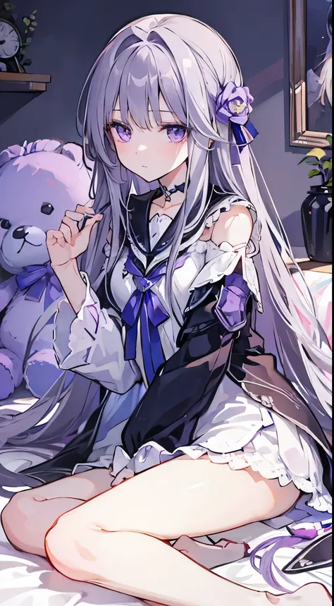 highest quality,girl,silver hair,long hair,straight hair,purple eyes,teddy bear,bedroom,pajamas