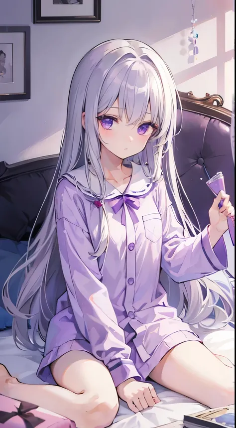 Highest quality,Girl,Silver Hair,Long Hair,Straight Hair,Purple Eyes,Teddy bear,Bedroom,pajamas
