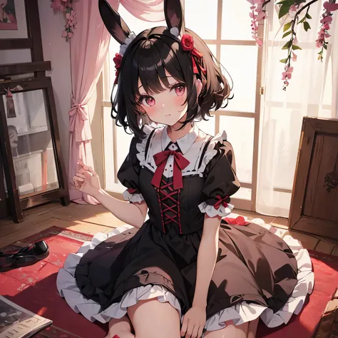 (masterpiece), (highest quality), (Super detailed)，Inabateゐ，Black Hair，Curly hair，Bobcut，Fluffy bunny ears，Short-sleeved dress with red seams at the hem，barefoot，Lolita，Spoiled brat，clothes are pink