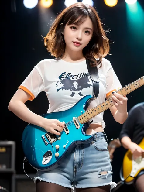(((masterpiece))), (((highest quality: 1.4))), ((Super Detail: 1.4)) ,ulzzang-6500-v1.1, (RAW Photos:1.2), (Realistic), (See-through:1.3), (Genuine:1.4), ((Full Body Shot:1.15))、Long wavy silver hair, Both sides up, (A messy white t-shirt, Denim Tight Shor...