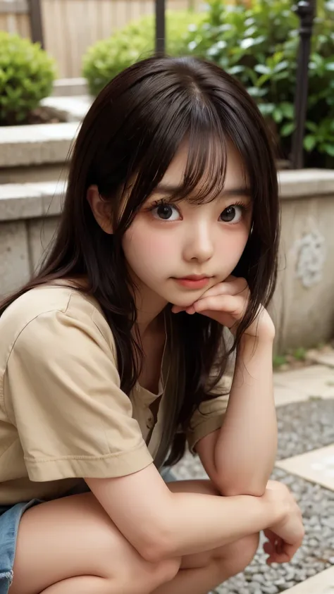 detailed face, cute face,brown eye, master piece , best quality , matured woman face , squatting , short,  japanese