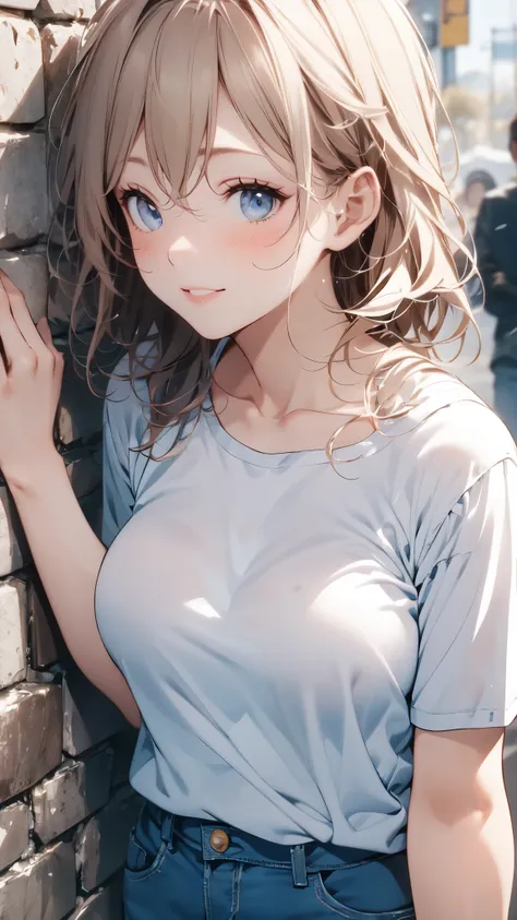 (maasterpiece),best quality, cute girl leaning on a wall, embarassed, blushing, intimate moment, cute, cropped shirt, looking do...