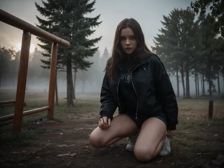 angelinak, sfw, ((sfw)), woman kneeling outdoor in a playground. The character is surrounded by mist, evoking a mysterious and eerie atmosphere. The lighting is dark and atmospheric, with a red smoke adding a touch of sinister ambiance. The image is of t...