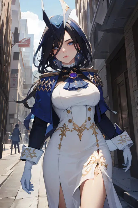 giclorinde, purple eyes, large breasts, hair between eyes, long hair, ((dark blue hair:1.5)), earrings,
break ((white ascot, bro...