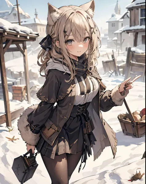 masterpiece,1girl, sparrow, a blonde haired girl, wearing a medieval european villager clothes, curly long hair, messy hair, black skirt, short white capelet with furry hoody, slim body, big breasts, she close her left eye, shirt ornament, lolippai, hair r...