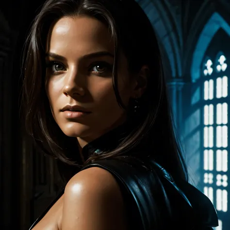 Close-up, Portrait, HQ style by Frank Miller, Malena, Queen of Darkness, in a room of a ghostly castle, high quality, high definition, Limited Edition

