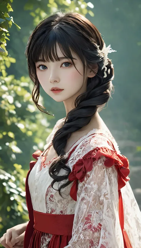 Female Adventurer, whole body, Game Art Style, (masterpiece),  highest quality, High resolution, 4K, 8k, Detail View, Intricate details, Cinema Lighting, Great quality, 1 girl、Elegant red and white lace style dress、A red and white line dress made of intric...