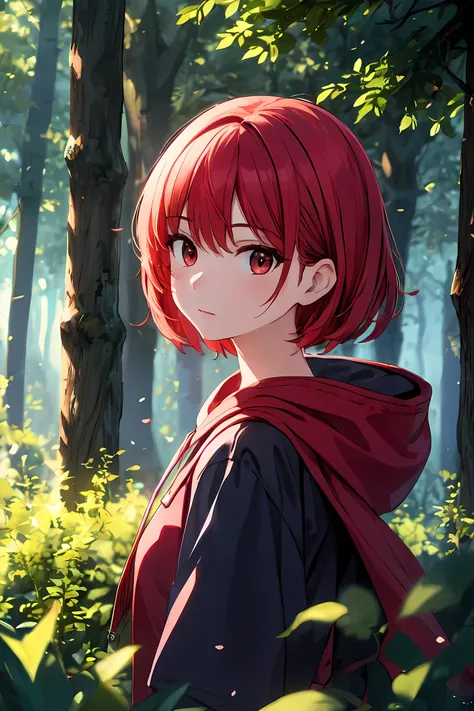 masterpiece, best quality, red hood female short hair, darkness forest, solo ,fog