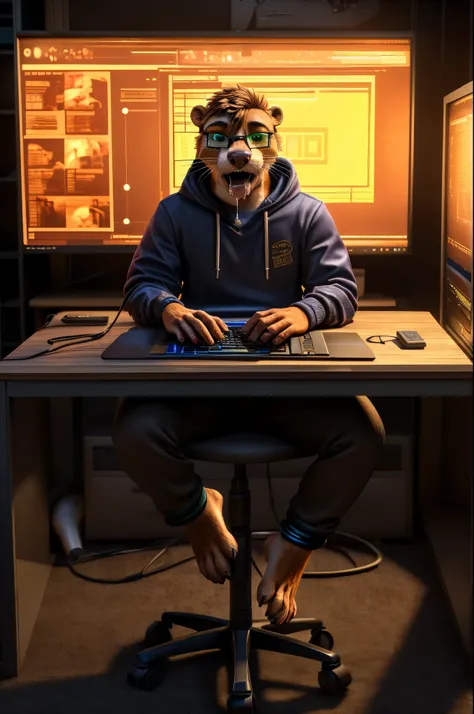 (((Barefoot furry character, full body, cinematic setting, furry male, plantigrade, wearing anklets))), computer lab scene with a tech-savvy otter teacher wearing a hoodie and glasses, sitting at a computer desk surrounded by monitors and circuit boards, l...