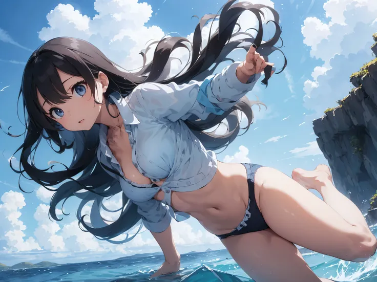 A girl in a long white short-sleeved shirt with the buttons undone、Cute light blue bra、Cute light blue underwear、barefoot、Girl with super long black hair、Blue ocean, cumulonimbus clouds and blue sky、Beautiful breasts、Cute orange underwear、The crack is clea...