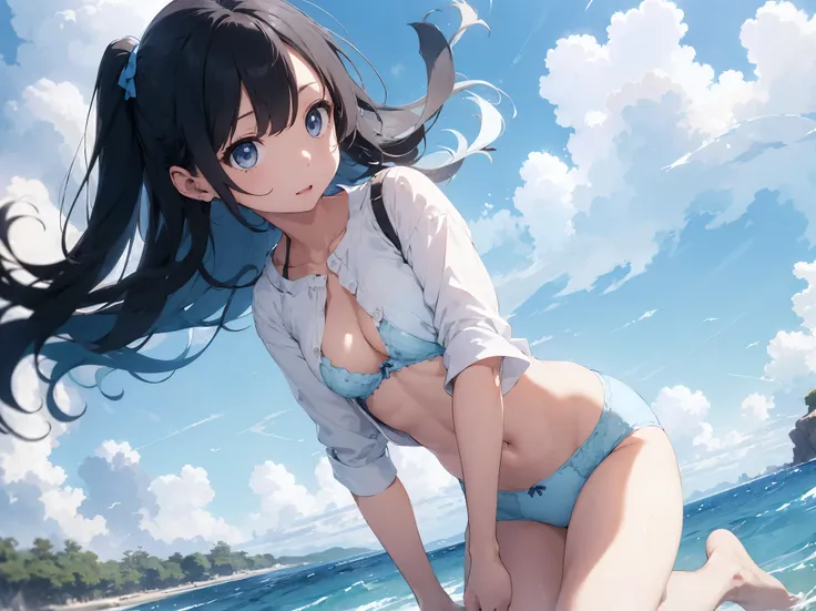 A girl in a long white short-sleeved shirt with the buttons undone、Cute light blue bra、Cute light blue underwear、barefoot、Girl with super long black hair、Blue ocean, cumulonimbus clouds and blue sky、Beautiful breasts、Cute orange underwear、The crack is clea...