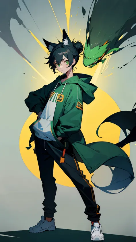 1Boy, black hair, green eyes, standing, fox ears, hair tied in a bun, standing, hoodie