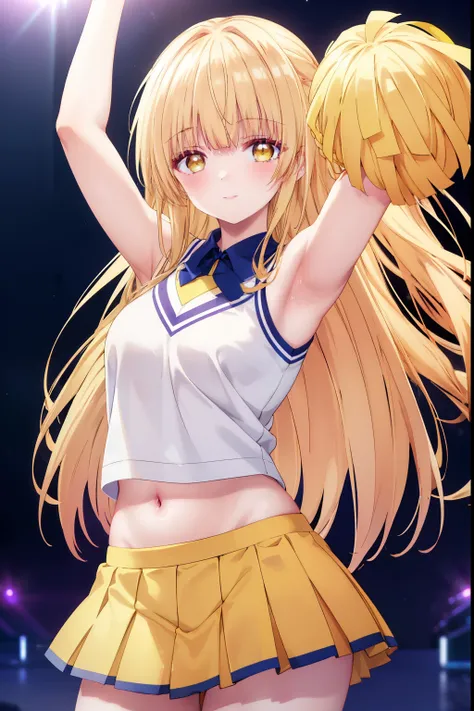 Mahiru shiina, , blonde, (Yellow Eyes:1.3)、Braided long hair,,blush,smile,Captivating thighs、Beautiful bare legs, Sideways armpit、Wearing cheerleading uniform、Sexy Cheerleader、dancing、Cheerleading Costumes、Holding cheer pom-pomy belly is visible、Her underw...