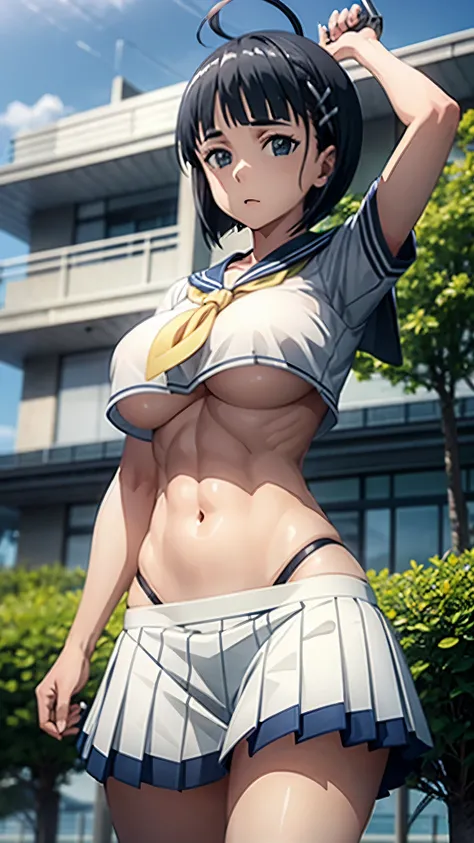 1 female,suguha kirigaya,short sleeved sailor suit,underboob,very short pleated skirt,gray skirt,(low rise),large breasts,very slim body,beautiful abs,Highest quality,masterpiece,