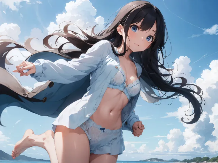 A girl in a long white short-sleeved shirt with the buttons undone、Cute light blue bra、Cute light blue underwear、barefoot、Girl with super long black hair、Blue ocean, cumulonimbus clouds and blue sky、Beautiful breasts、Cute orange underwear、The crack is clea...