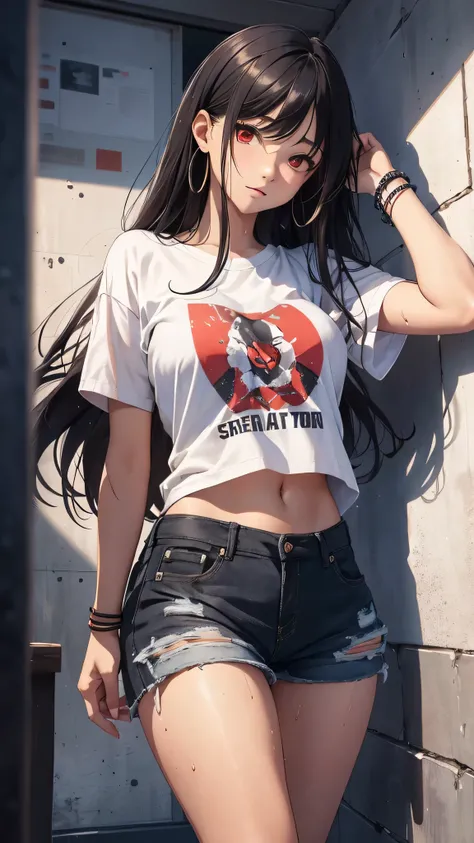 最high quality、Best image quality、masterpiece、girl((18-year-old、 By becoming、Best Bust、Medium Bust,Wide open breast tea、Red glowing eyes,Black Hair、Red Mesh、Disheveled Hair、Lointail、thin,The highest valley、Open chest、Luminous Wristbands、hair ornaments、Show ...