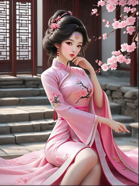 girl wearing pink antique long cheongsam，turn your head 45 degrees to the left，direct vision，very delicate face，body slightly ti...