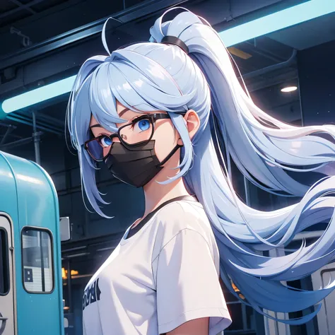 A girl, sky hair, long hair, feminime, soft smile, white t-shirts, glowing blue eyes, train background, wearing headphone, front view, glasses, ponytail hair, wearing masker, 