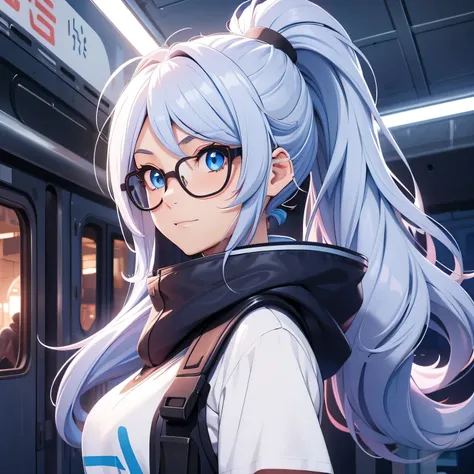 A girl, sky hair, long hair, feminime, soft smile, white t-shirts, glowing blue eyes, train background, wearing headphone, front view, glasses, ponytail hair, wearing masker, 