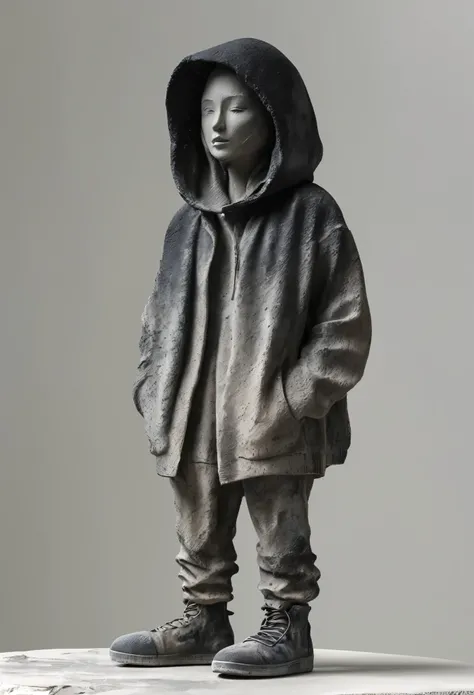 (best quality:1.2),ultra-light clay, clay, pottery, rough knitted texture, distressed, dirty, mineral pigments, 3D clay sculpture art, clay sculpture, rough surface, (black footwear,gradient,gradient background,grey background,hood up,solo,standing)