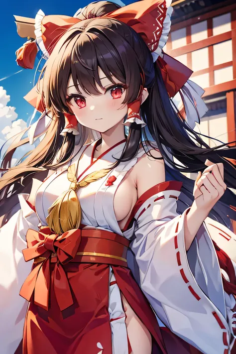 hakurei reimu,Wearing a shrine maiden outfit,She&#39;s very revealing and has big breasts,In a white space,The whole body is visible