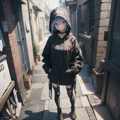 ((1woman:1)),((standing-in-a-alleyway:1))((beautiful eyelashes:1)), ((expressive:1)), ((high-angle-view:1)),((wearing-techwear-h...