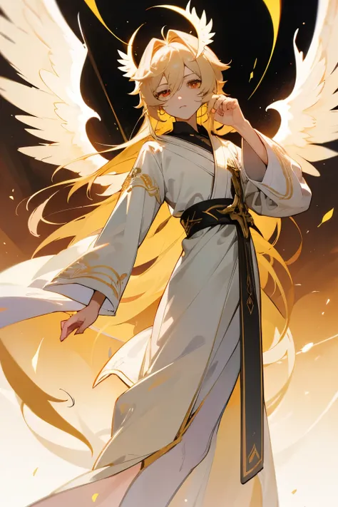 A seraphim angel made of pure white light. He has has cleanly kept Long, luscious hair and he has seven flaming eyes. He has three pairs of wings, one pair covering his eyes, one pair covering his feet, and the pair in the middle is used for flight. Hes ve...