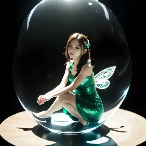 (masterpiece, highest quality:1.2), Girl in a glass ball, cute elf, Little fairy, ((one person)), BREAK Peeking in, cute, Green Dress, 