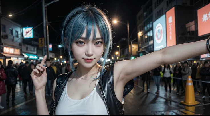 there is a woman with a blue hair and a white top, anime girl cosplay, inspired by Leng Mei, photo of slim girl model, anime girl in real life, seductive anime girl, cyberpunk 2 0 y. o model girl, chinese girl, female cyberpunk anime girl, photo of slim gi...